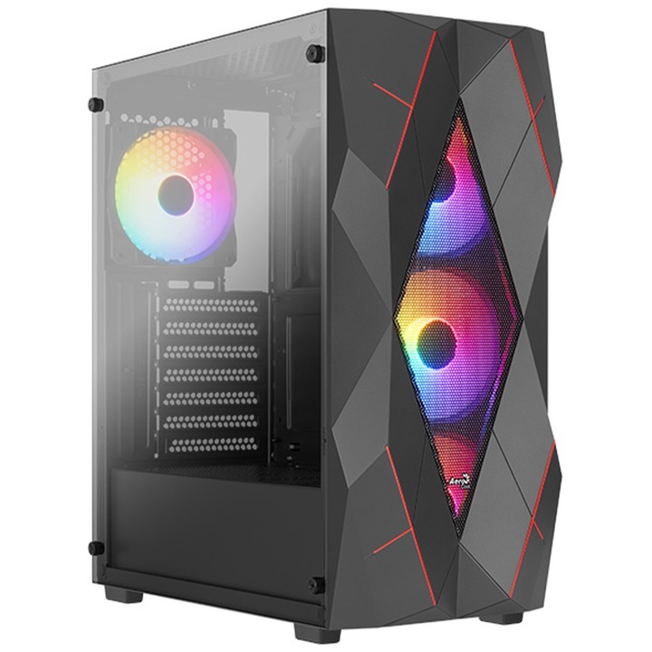 Корпус Aerocool Volcan V1, 4 вентилатора с fRGB осветление, ABS + SPCC Steel ATX Mid Tower, без захранване, черен