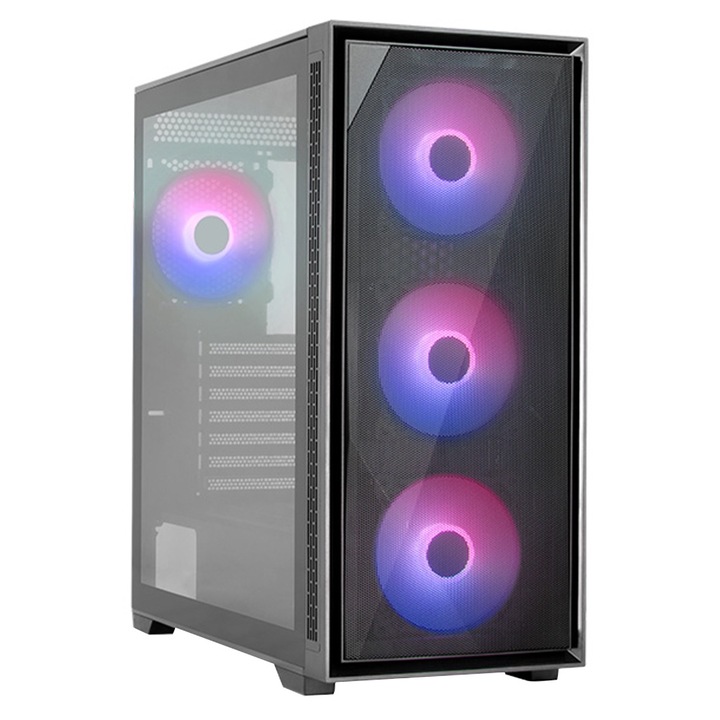 Carcasa Aerocool Geoflow V2, ABS + SPCC Steel ATX Mid Tower, fara sursa, 3 ventilatoare aRGB incluse, Negru