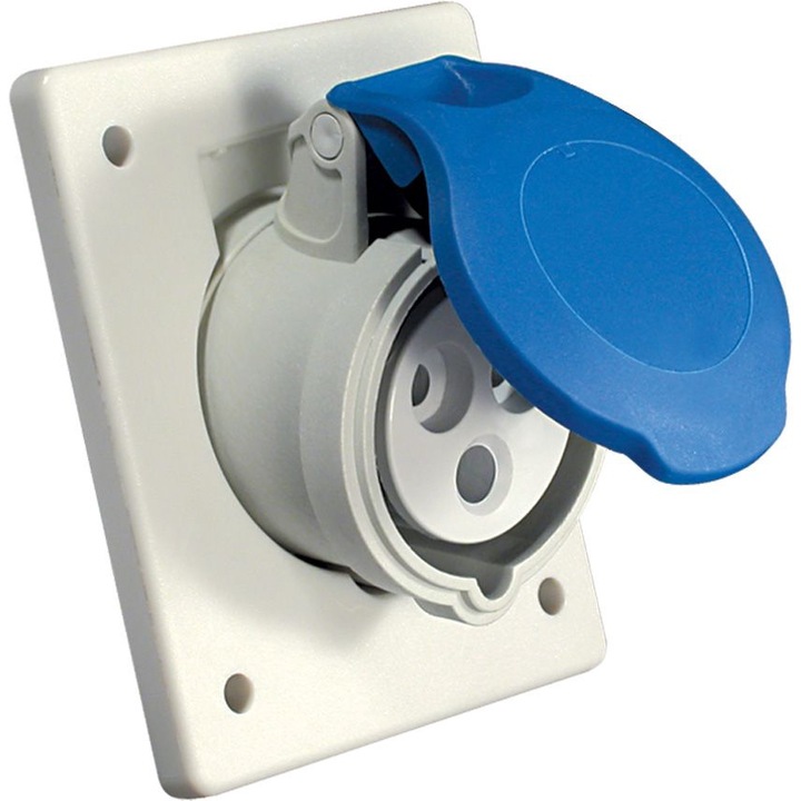 Priza industriala Inclinata, IP44, 2P+E, 32A, Montaj Incastrat, AC 200-250V, 6h, Gri / Albastru, 90x100 mm, Fanton