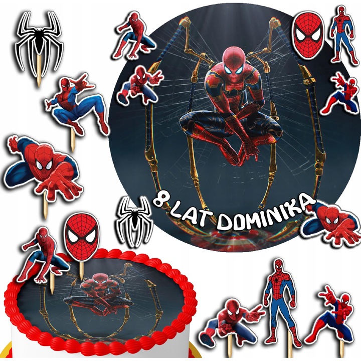 Set oplatek tort 20cm + toppere 3D - Spiderman, 10 figurine, jucarie comestibila