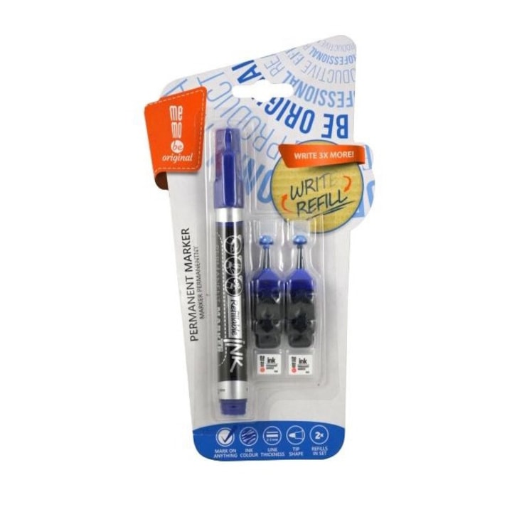 Перманентен маркер, MemoBe, комплект с 2 пълнителя, син, 2-3мм