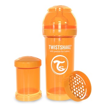 Biberon anticolici cu recipient lapte praf Twistshake, 260 ml, portocaliu Biberon anticolici cu recipient lapte praf Twistshake, 260 ml, portocaliu