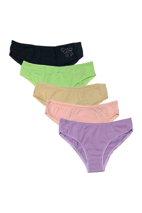 Set lenjerie intima dama JUP 1921-203, Bikini, 5 piese, imprimeu panglica, Multicolor, Mov/Multicolor, M-L