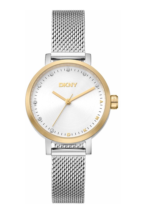 DKNY, Ceas quartz cu bratara de otel inoxidabil cu model plasa, Argintiu