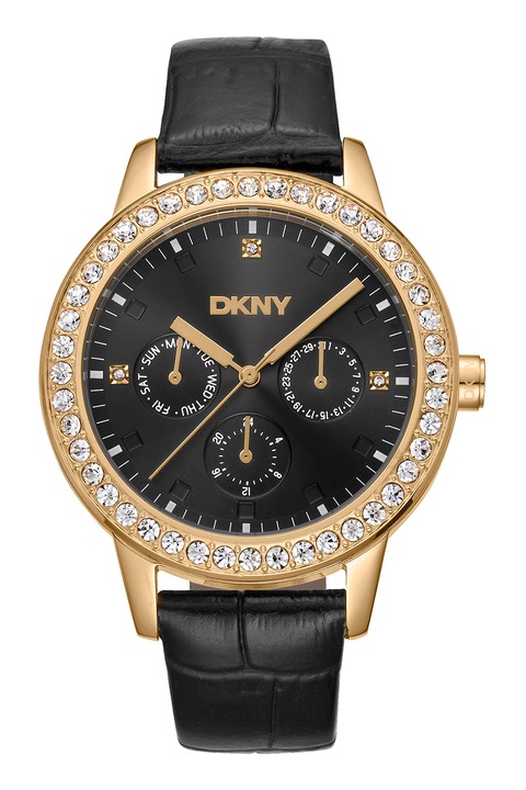 DKNY, Мултифункционален часовник с кожена каишка, Златист, Черен
