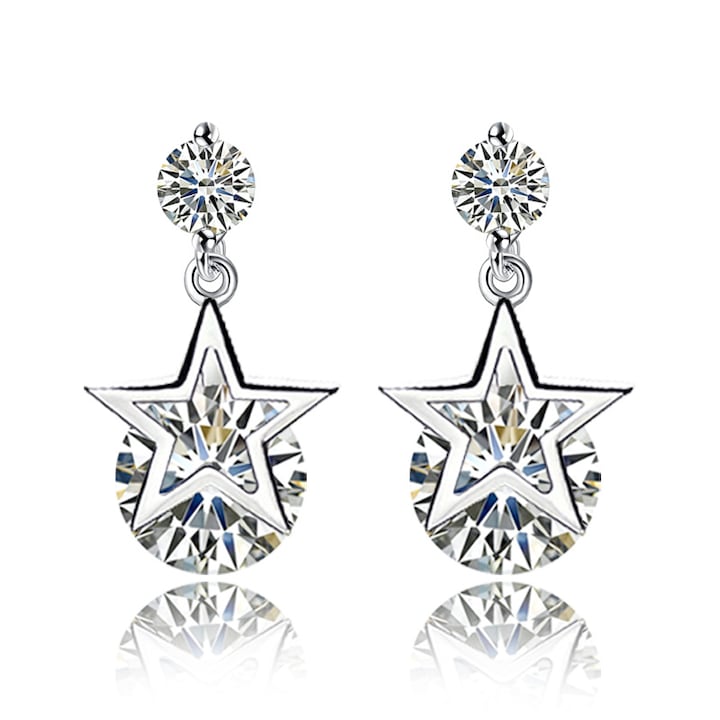 Cercei stralucitori stea cu cinci colturi zircon, Placat cu aur alb, Lungime 20 mm, latime 10 mm