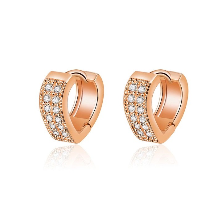 Обеци с форма на сърце, Два реда цирконии, V-образни, Покритие от розово злато, Дължина 14 мм, Ширина 6 мм