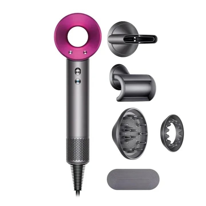 Professzionális ionos hajszárító, gyorsan szárad, mint egy szalonban, mágneses fúvókák, levegősokszorozó technológia, 3 sebességfokozattal és 4 hőmérséklet-beállítással, 2000 W teljesítmény, 5 kiegészítő készlet, lila és szürke