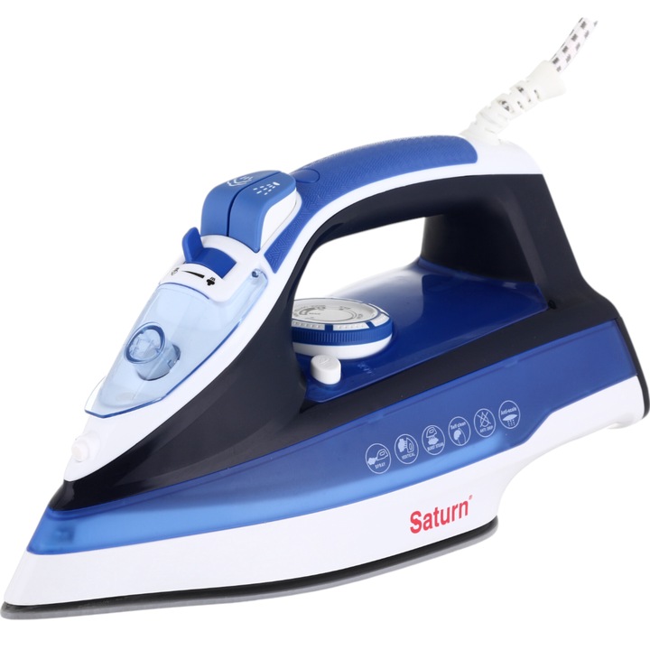 Ютия Saturn ST-CC7118, 2400 W, Капацитет на резервоара за вода: 300 ml, Светлинен индикатор, Система против накип и капки, Селектор на пара и температура, Сушене/гладене с пара, Керамична гладеща плоча, Защита от прегряване