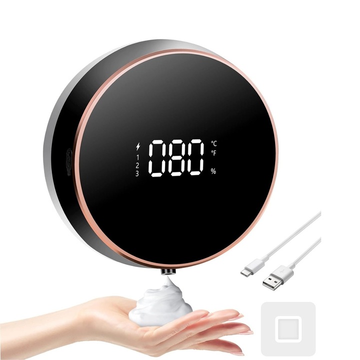 Дозатор за течен и пенест сапун със сензор за движение, безконтактен, стенен монтаж без отвори, капацитет 300 ml, елегантен черен дизайн със златни вложки, идеален за баня, кухня, хотел, болница или училище