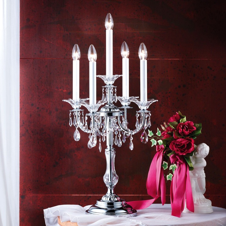 Orion dekoratív asztali gyertyatartó, 5 lámpás tömör króm sárgaréz, Swarovski kristályok, 83cm E14 5x40W