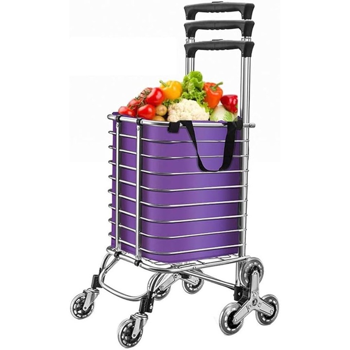 Carucior de Cumparaturi si Transport Marfuri Pliabil Jaskus® cu 8 Roti Cromate pentru Scari, Maner Telescopic Reglabil, Cadru Metalic Rezistent, Capacitate 35L, Cadou pentru Mama sau Bunici, Negru/Argintiu