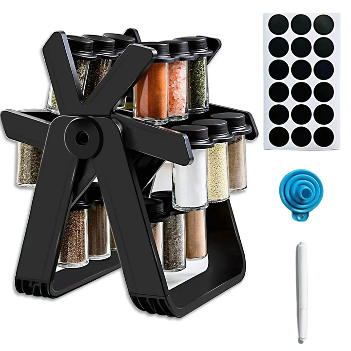 Suport pentru condimente pivotant 360° Promerco®, design modern, multifunctional, usor de ansamblat, 18 recipiente de sticla, 35 x 23 cm, material Premium, negru
