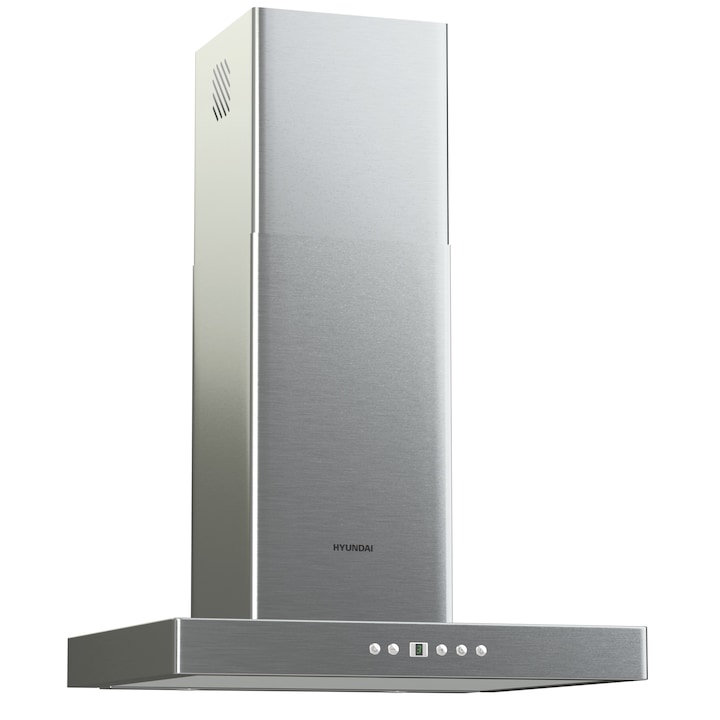 Hota incorporabila decorativa Hyundai HHD21-T3690ET/GLX, Putere absorbtie 520 m3/h (debit liber 650 m3/h), Latime 90 cm, Control touch, Timer, Iluminare LED, Clasa D, Inox + Sticla neagra