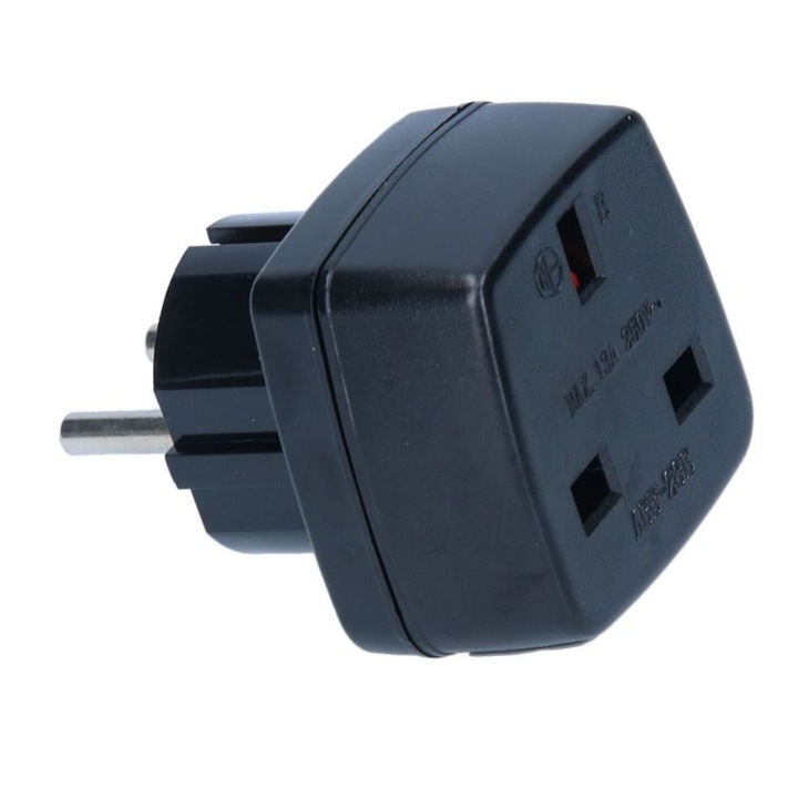 Adaptor profesional priza e-SWC® UK la Europa, tip Schuko, Negru