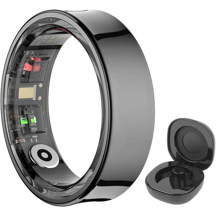 VALA® Q9 PREMIUM Okos gyűrű, Okos gyűrű, Fitness, Sport, Vízálló, Unisex, Bluetooth 5.2, Pulzusfigyelés, Véroxigén, Testhőmérséklet, Alvás, Kalória, Távolság, Mozgás, IP68, Rozsdamentes acél, Méret 10 (20 mm), Fekete