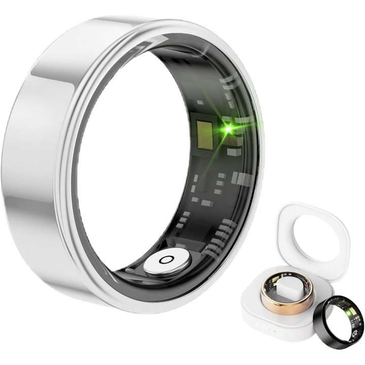 VALA® Q9 PREMIUM Okos gyűrű, SmartRing, Fitness, Sport, Vízálló, Unisex, Bluetooth 5.2, Pulzusfigyelés, Véroxigén, Testhőmérséklet, Alvás, Kalória, Távolság, Mozgás, IP68, Rozsdamentes acél, 12-es méret (21,6 mm), Ezüst