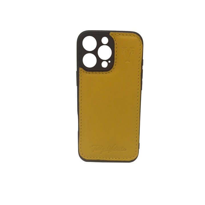 Съвместим калъф за Iphone 16 Pro Max, жълт/черен от силикон и естествена кожа