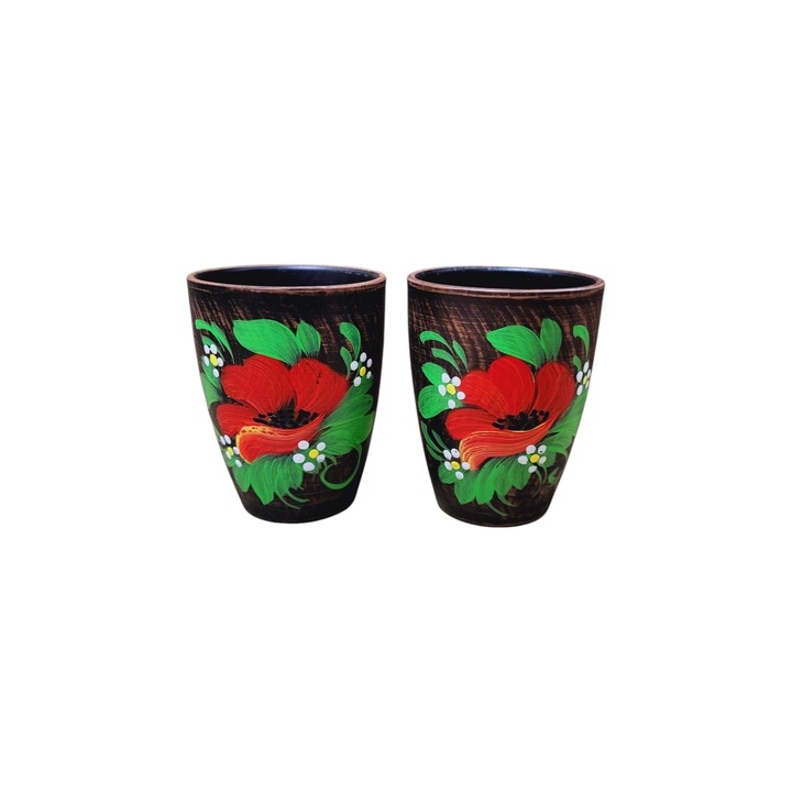 Set 2 pahare, lut rosu, floare mac, 350ml