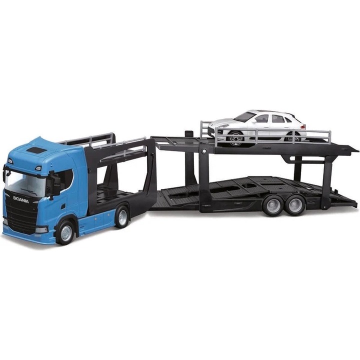 Scania 770 Transporter és Porsche Macan fehér autómodell - 1/43 Bburago