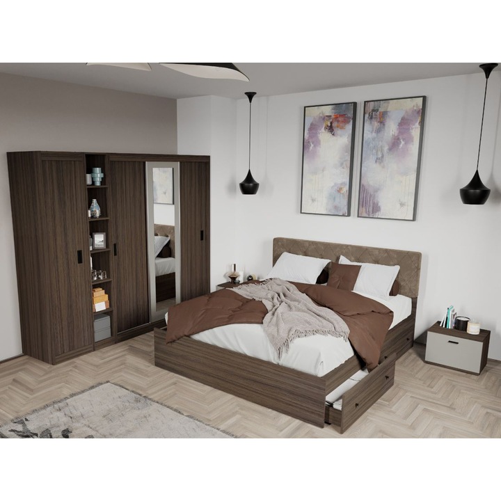 Set Mobila Dormitor, Nuc / Casmir, Solomon, C10, Pat tapitat 160 x 200, Dulap 2.25m si 2 Noptiere