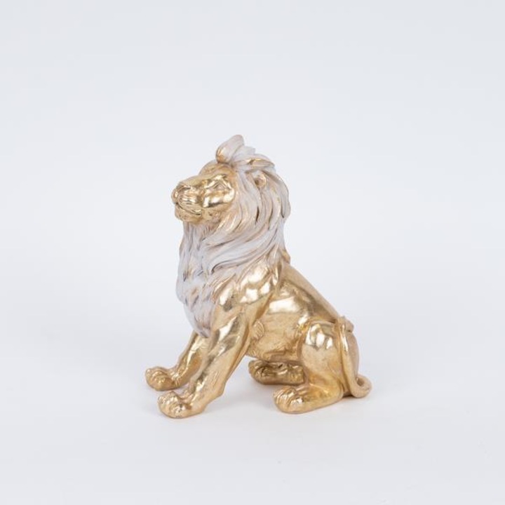 Decoratiune, Leu, din rasina, 16x9x19 cm, alb-auriu