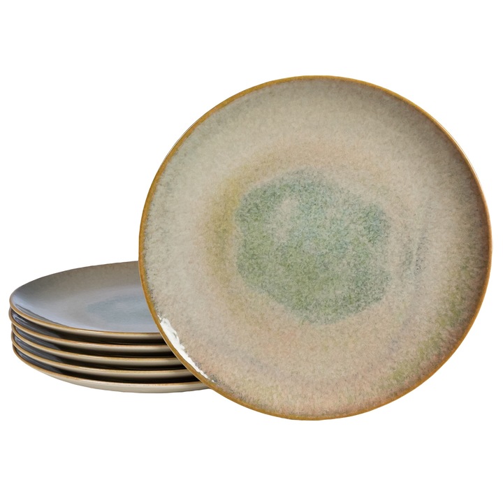 Set 6 farfurii intinse, 26 cm, Shell, Cesiro, Crem deschis lucios cu margine maro