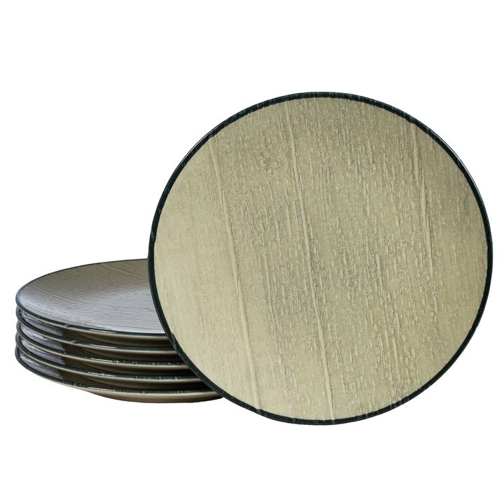 Set 6 farfurii desert, 20 cm, Sand, Cesiro, Alb Ivoire cu margine neagra