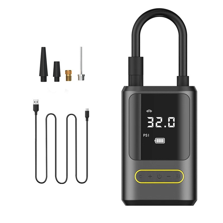 Pompa de aer electrica inteligenta fara fir, inclusiv accesorii si cablu USB, potrivita pentru masini / vehicule electrice / biciclete / bile, negru