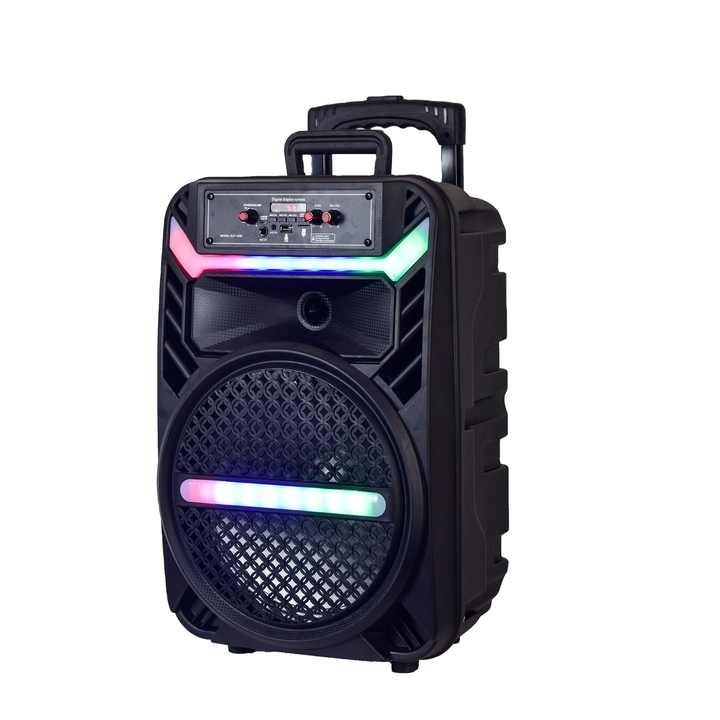 Boxa portabila cu lumini RGB, tip troler, putere 20W, MP3, USB, bluetooth, TF, slot microfon, karaoke, acumulator, din plastic rezistent, cu 2 difuzoare, negru