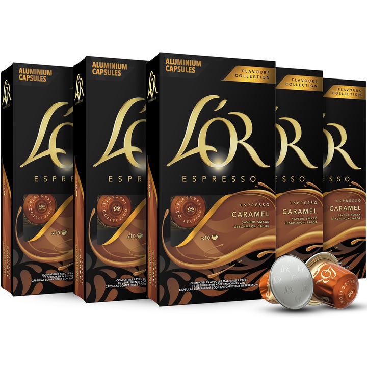 Set 5X capsule cafea L'OR Espresso Caramel, 50 de capsule de aluminiu, compatibile Nespresso Original, 260 g
