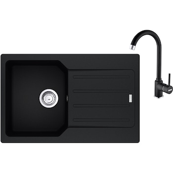 Pachet chiuveta bucatarie compozit fragranite Franke UCG 611-78, dreptunghiulara, 1 cuva cu picurator, 78x50x19 cm, adancime cuva 19 cm + Baterie Pola, rotatie pipa 360°, discuri ceramice, furtunuri flexibile inox, Negru