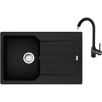 Pachet chiuveta bucatarie compozit fragranite Franke UCG 611-78, dreptunghiulara, 1 cuva cu picurator, 78x50x19 cm, adancime cuva 19 cm + Baterie Pola, rotatie pipa 360°, discuri ceramice, furtunuri flexibile inox, Negru