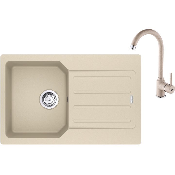 Pachet chiuveta bucatarie compozit fragranite Franke UCG 611-78, dreptunghiulara, 1 cuva cu picurator, 78x50x19 cm, adancime cuva 19 cm + Baterie Pola, rotatie pipa 360°, discuri ceramice, furtunuri flexibile inox, Avena