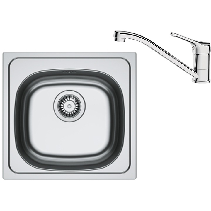 Pachet chiuveta bucatarie inox Franke SKL 610, dreptunghiulara, 1 cuva, 45.5x43.5x15 cm, adancime cuva 15 cm + Baterie Basic Crom, rotatie pipa 360°, discuri ceramice, furtunuri flexibile inox, Inox dekor