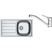 Pachet chiuveta bucatarie inox Franke SKL 611-78/44 ST, dreptunghiulara, 1 cuva si picurator pe partea stanga, 78x43.5x15 cm, adancime cuva 15 cm + Baterie Basic Crom, rotatie pipa 360°, discuri ceramice, furtunuri flexibile inox, Inox dekor