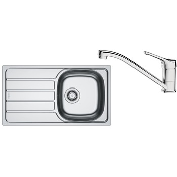 Pachet chiuveta bucatarie inox Franke SKL 611-78/44 ST, dreptunghiulara, 1 cuva si picurator pe partea stanga, 78x43.5x15 cm, adancime cuva 15 cm + Baterie Basic Crom, rotatie pipa 360°, discuri ceramice, furtunuri flexibile inox, Inox dekor