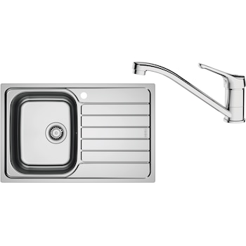 Pachet chiuveta bucatarie inox Franke SKL 611-78/50 DR, dreptunghiulara, 1 cuva si picurator pe partea dreapta, 78x50x15 cm, adancime cuva 15 cm + Baterie Basic Crom, rotatie pipa 360°, discuri ceramice, furtunuri flexibile inox, Inox dekor