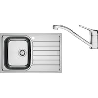 Pachet chiuveta bucatarie inox Franke SKL 611-78/50 DR, dreptunghiulara, 1 cuva si picurator pe partea dreapta, 78x50x15 cm, adancime cuva 15 cm + Baterie Basic Crom, rotatie pipa 360°, discuri ceramice, furtunuri flexibile inox, Inox dekor