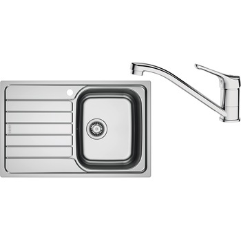 Pachet chiuveta bucatarie inox Franke SKL 611-78/50 ST, dreptunghiulara, 1 cuva si picurator pe partea stanga, 78x50x15 cm, adancime cuva 15 cm + Baterie Basic Crom, rotatie pipa 360°, discuri ceramice, furtunuri flexibile inox, Inox dekor