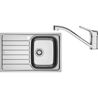 Pachet chiuveta bucatarie inox Franke SKL 611-78/50 ST, dreptunghiulara, 1 cuva si picurator pe partea stanga, 78x50x15 cm, adancime cuva 15 cm + Baterie Basic Crom, rotatie pipa 360°, discuri ceramice, furtunuri flexibile inox, Inox dekor