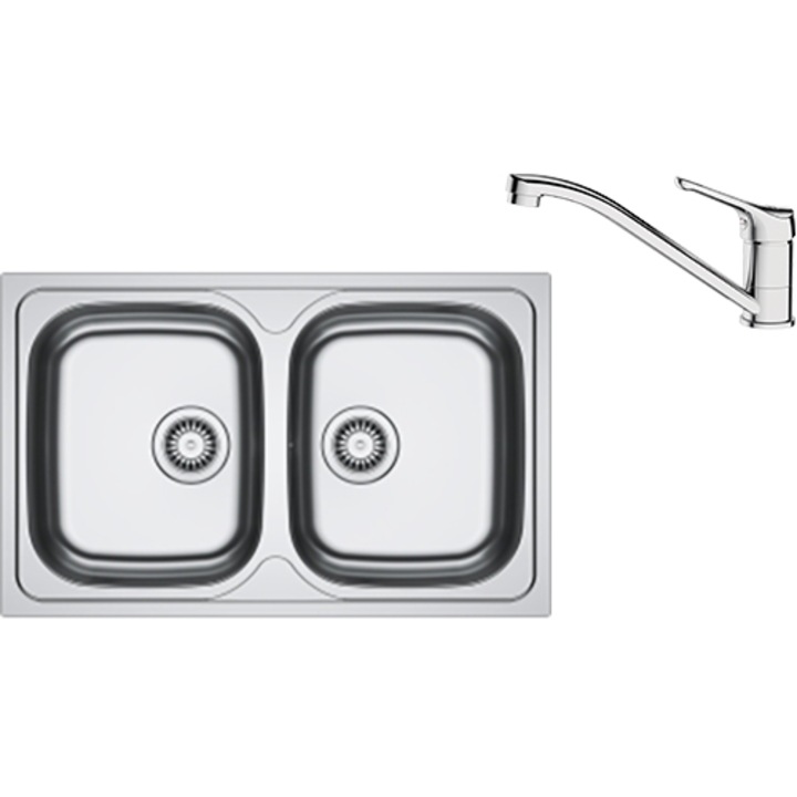 Pachet chiuveta bucatarie inox Franke SKL 620-80, dreptunghiulara, 2 cuve, 80x50x14 cm, adancime cuva 14 cm + Baterie Basic Crom, rotatie pipa 360°, discuri ceramice, furtunuri flexibile inox, Inox dekor