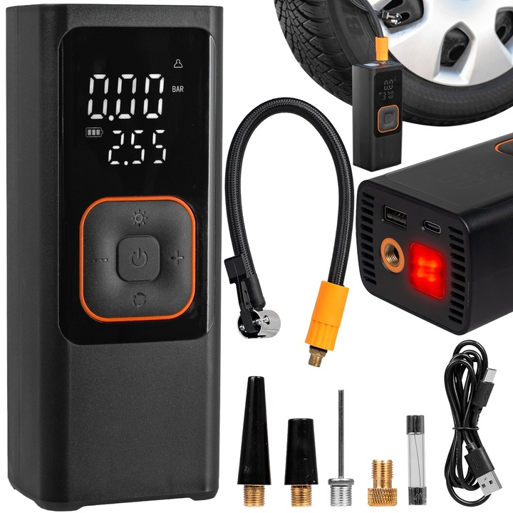 Pompa aer auto electrica, afisaj digital LCD, Lanterna LED, 7500 mAh, Portabila, Reincarcare USB sau la bricheta masinii, mufa pentru bricheta, Negru