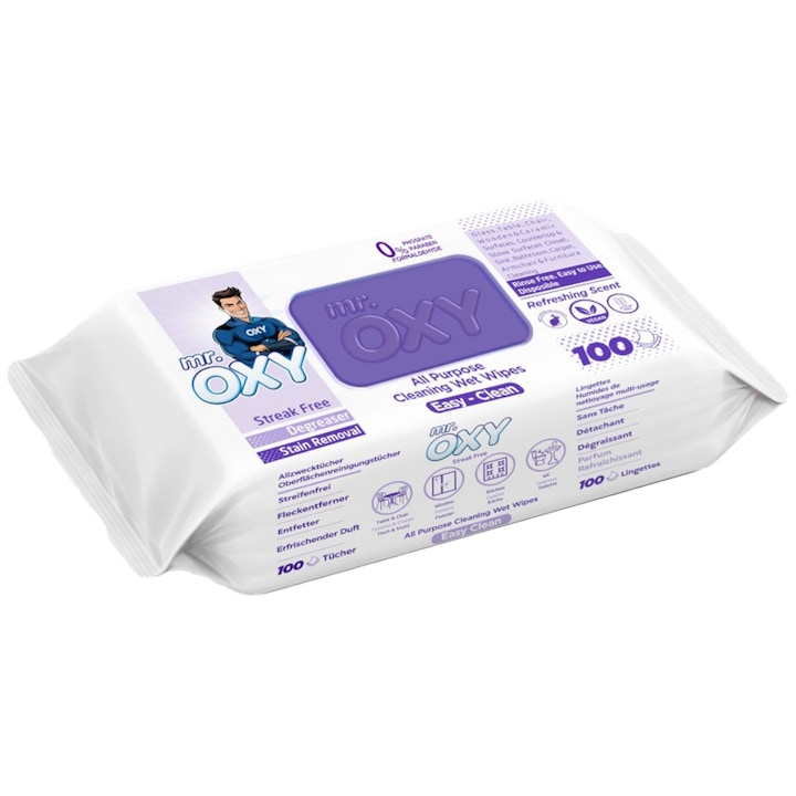 Mr. OXY Servetele umede multisuprafete 100 buc/pac cu otet alb si bicarbonat, parfum cu miros de Lavanda