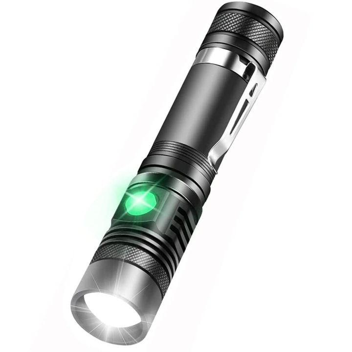 LED тактически фенер, T6, изработен от алуминий, Ultra-Bright, професионален, регулируем фокус, водоустойчив, 1200 лумена, 5 режима на светене, черен