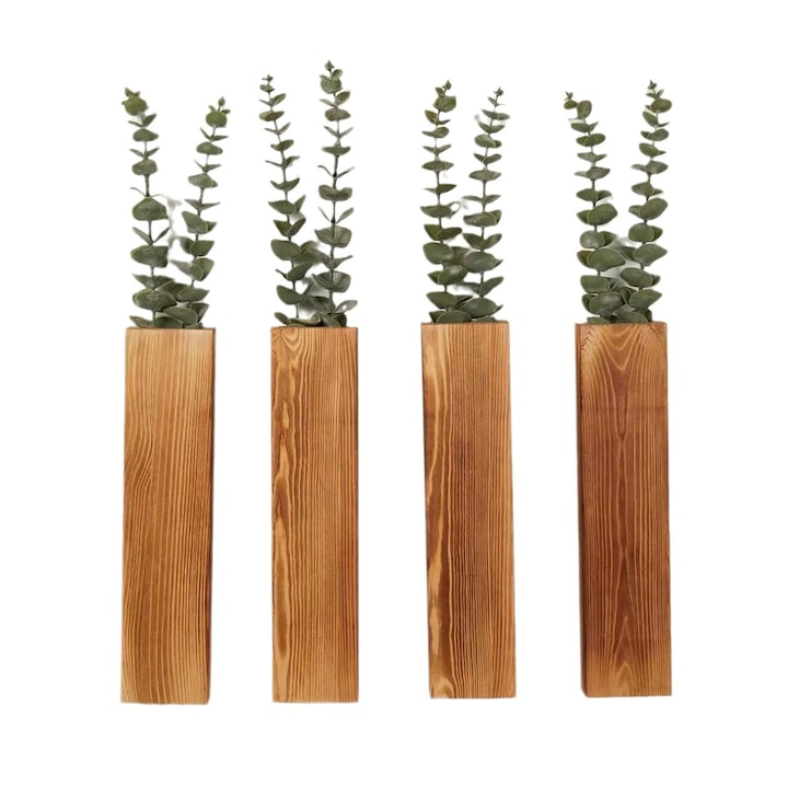 Комплект от 4 декоративни стенни вази Natural Wood Jaskus®, за изкуствени цветя, селски стил на ферма, размери 29x7x4 см, декоративен съд за дома/градината