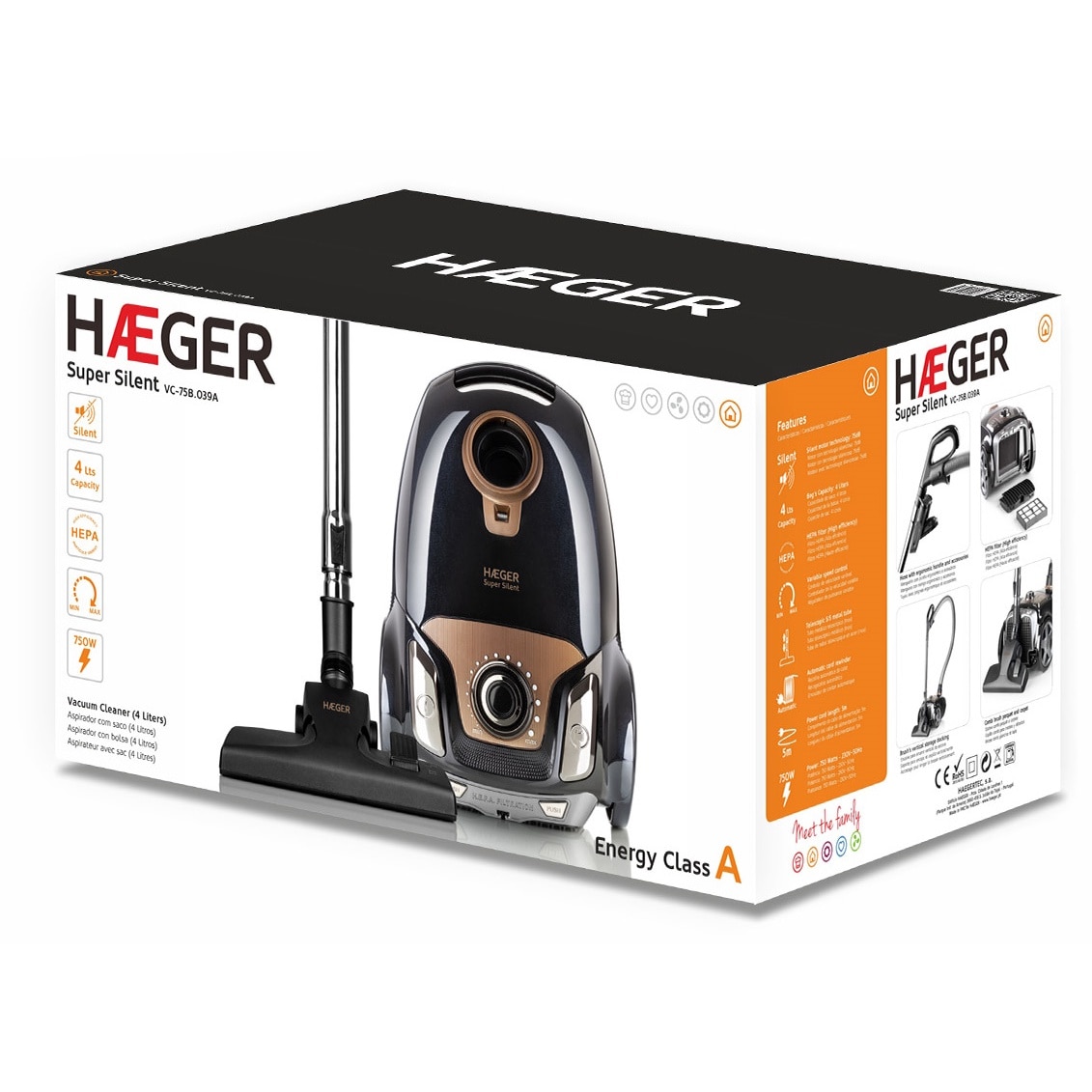 Aspirator cu sac Haeger VC-75B.039A, silentios, 4 l, 750W, Filtru HEPA, Negru-Cupru