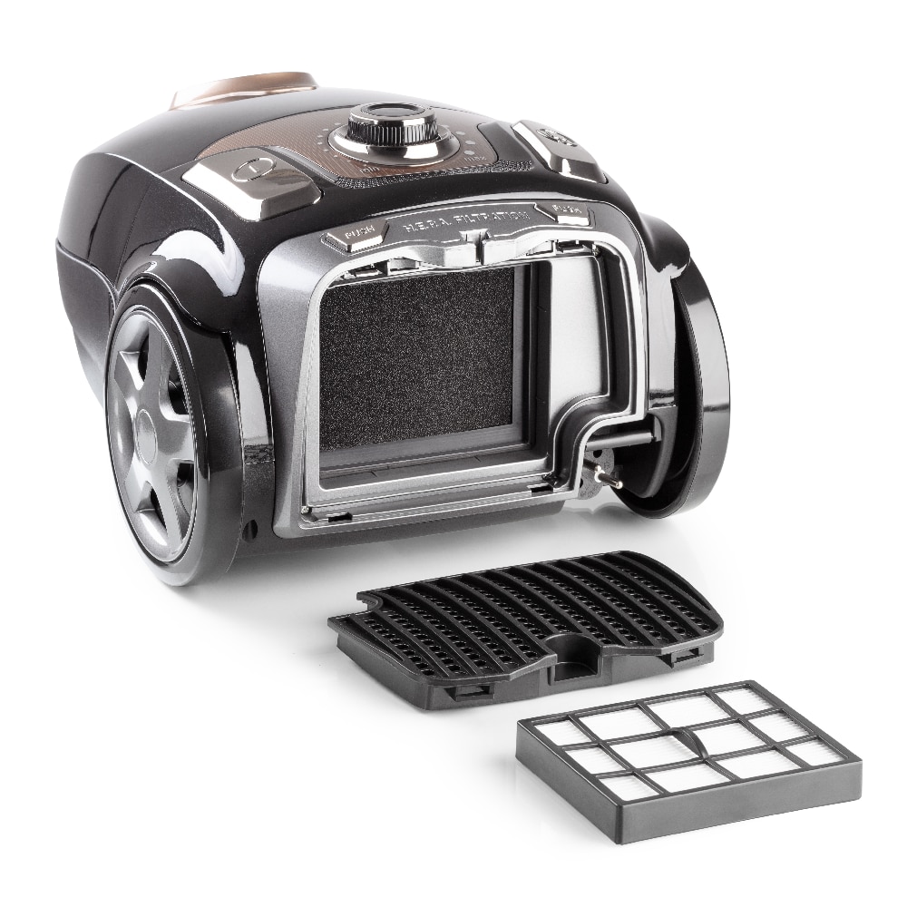 Aspirator cu sac Haeger VC-75B.039A, silentios, 4 l, 750W, Filtru HEPA, Negru-Cupru