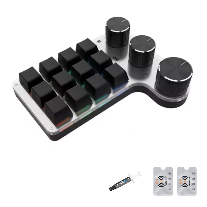 Mini programozható mechanikus billentyűzet, jelszómásoló funkció, 12 gomb, 3 gomb, egyedi RGB, játék, dizájn és iroda, fekete, Natec Husky 1G pasztával és 2 RFID-vel, UnderShop®