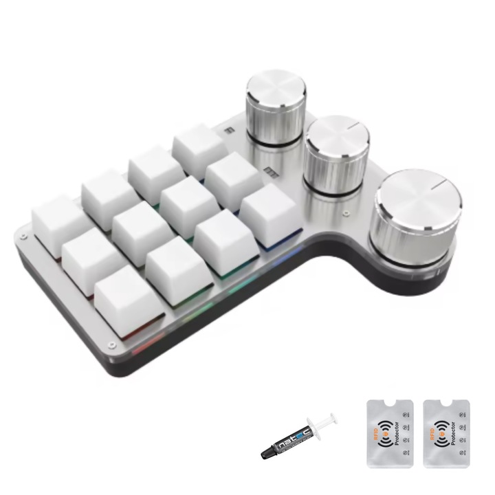 Mini programozható mechanikus billentyűzet, jelszómásoló funkció, 12 gomb, 3 gomb, egyedi RGB, játék, dizájn és iroda, fehér, Natec Husky 1G pasztával és 2 RFID-vel, UnderShop®
